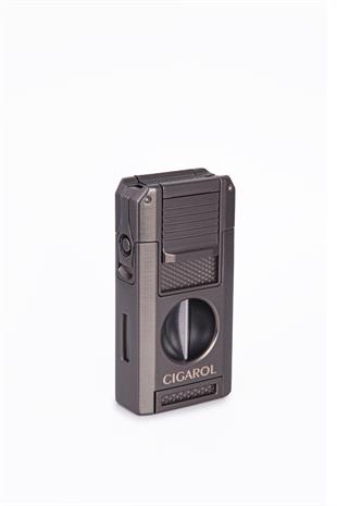 Cigarol Çift Torch Pürmüz Dahili V Kesici & Delicili Gunmetal Metal Puro Çakmağı