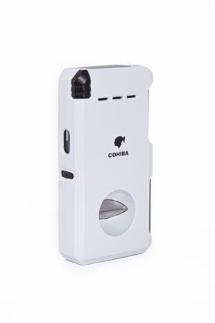 Cohiba Çift Torch Dahili Açıcı & V Kesici Beyaz Metal Puro Çakmağı