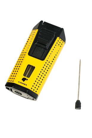 Cohiba Çift Torch Pürmüz Delicili Sarı Siyah Nokta Desenli Metal Puro Çakmağı