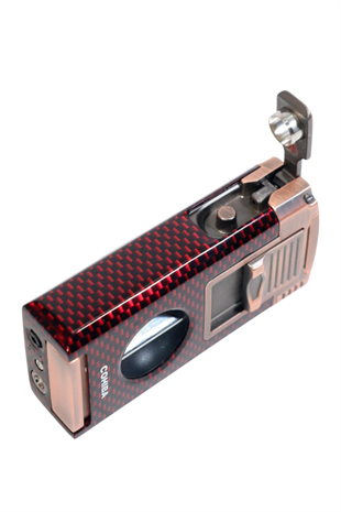 Cohiba Çift Torch Pürmüz Dahili Kesici Delicili Kırmızı Karbon Desenli Bronz Metal Puro Çakmağı