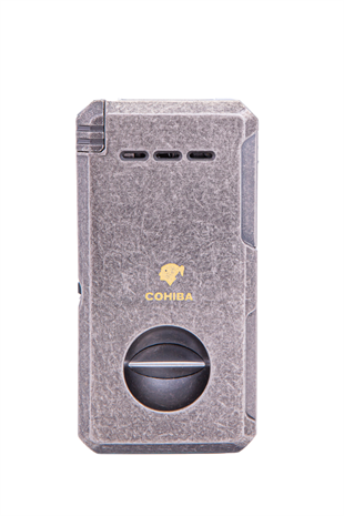 Cohiba Çift Torch Dahili Açıcı & V Kesici Fırçalı Gümüş Metal Puro Çakmağı