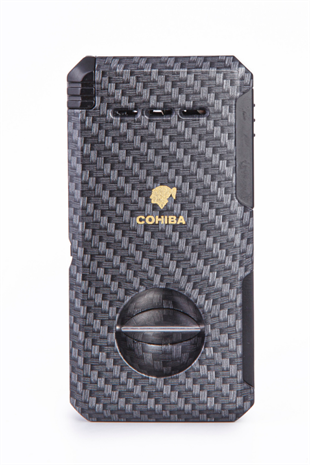 Cohiba Çift Torch Dahili Açıcı & V Kesici Karbon Desenli Metal Puro Çakmağı