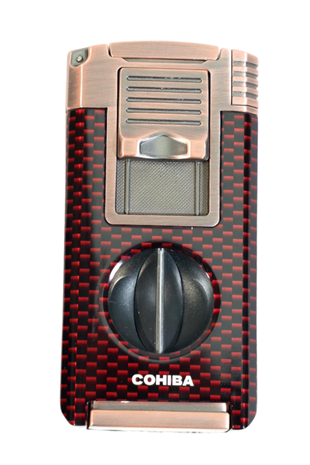 Cohiba Çift Torch Pürmüz Dahili Kesici Delicili Kırmızı Karbon Desenli Bronz Metal Puro Çakmağı