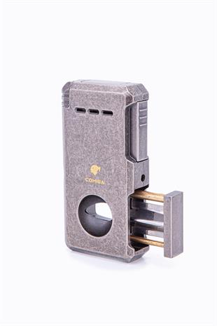 Cohiba Çift Torch Dahili Açıcı & V Kesici Fırçalı Gümüş Metal Puro Çakmağı