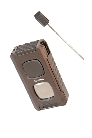 Cohiba Çift Torch Pürmüz Kesici & Delici & İğneli Kahverengi Metal Puro Çakmağı