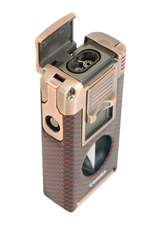 Cohiba Çift Torch Pürmüz Dahili Kesici Delicili Kırmızı Karbon Desenli Bronz Metal Puro Çakmağı