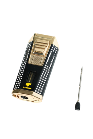 Cohiba Çift Torch Pürmüz Delicili Siyah Beyaz Nokta Desenli Metal Puro Çakmağı