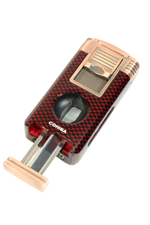 Cohiba Çift Torch Pürmüz Dahili Kesici Delicili Kırmızı Karbon Desenli Bronz Metal Puro Çakmağı