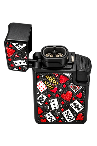 Hunter Çift Torch Pürmüz Ace & Kalp Design Siyah Metal Puro Çakmağı