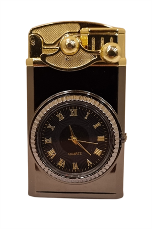 PremiumQuality Gunmetal-Gold Saat Desenli Çift Torch Pürmüz Metal Puro Çakmağı