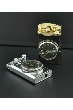 PremiumQuality Gümüş-Gold Saat Desenli Çift Torch Pürmüz Metal Puro Çakmağı