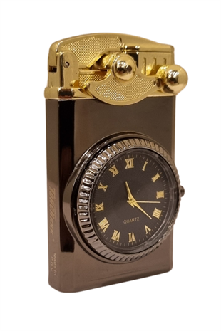 PremiumQuality Gunmetal-Gold Saat Desenli Çift Torch Pürmüz Metal Puro Çakmağı