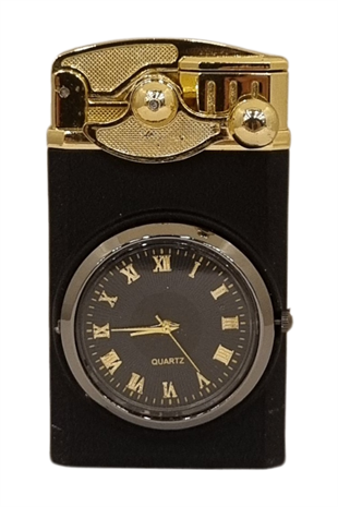 PremiumQuality Gold-Mat Siyah Saat Desenli Çift Torch Pürmüz Metal Puro Çakmağı