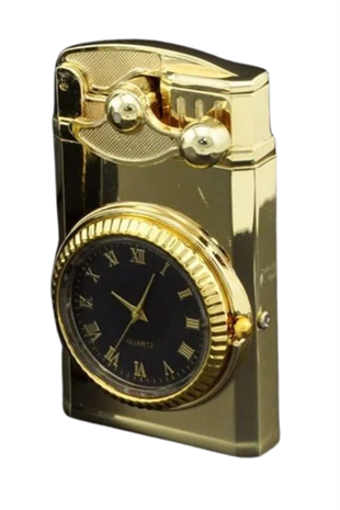 PremiumQuality Gold Saat Desenli Çift Torch Pürmüz Metal Puro Çakmağı