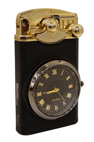 PremiumQuality Gold-Mat Siyah Saat Desenli Çift Torch Pürmüz Metal Puro Çakmağı