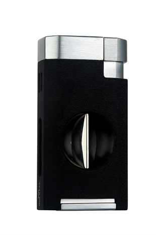 Quantoro Çift Torch Pürmüz V-Cut Kesicili Siyah-Gümüş Metal Puro Çakmağı