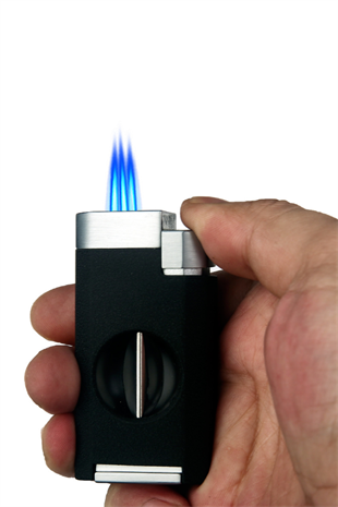 Quantoro Çift Torch Pürmüz V-Cut Kesicili Siyah-Gümüş Metal Puro Çakmağı