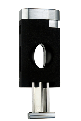 Quantoro Çift Torch Pürmüz V-Cut Kesicili Siyah-Gümüş Metal Puro Çakmağı