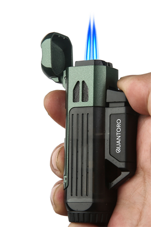 Quantoro Çift Torch Pürmüz Delicili/İğneli Yeşil Metal Puro Çakmağı