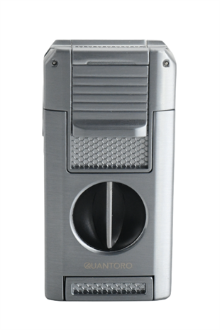 Quantoro Çift Torch Pürmüz V-Cut/Delicili/İğneli Gümüş Metal Puro Çakmağı