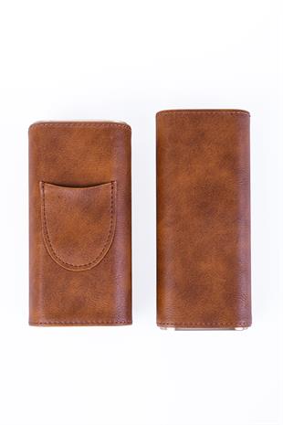 Cohiba Açık Kahverengi-Gold İşlemeli Kesici Bölmeli Üçlü Deri Puro Kılıfı