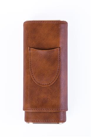 Cohiba Açık Kahverengi-Gold İşlemeli Kesici Bölmeli Üçlü Deri Puro Kılıfı