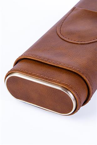 Cohiba Açık Kahverengi-Gold İşlemeli Kesici Bölmeli Üçlü Deri Puro Kılıfı