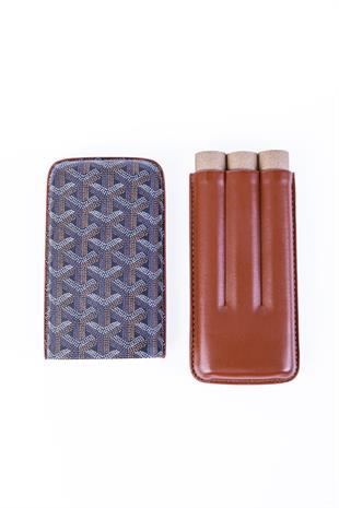 Cohiba Kahverengi Desenli Üçlü Deri Puro Kılıfı