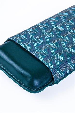 Cohiba Kahverengi-Yeşil Desenli Üçlü Deri Puro Kılıfı