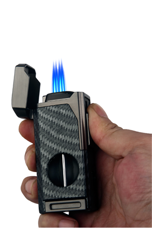 Quantoro Dört Torch Pürmüz V-Kesici/Delicili Siyah Karbon Desenli Metal Puro Çakmağı