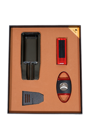 Cohiba Çakmak Kesici Küllük Sehpa Siyah-Kırmızı Dörtlü Puro Seti