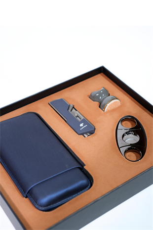 Cohiba Çakmak Kesici Kılıf Sehpa Lacivert-Gunmetal Dörtlü Puro Seti