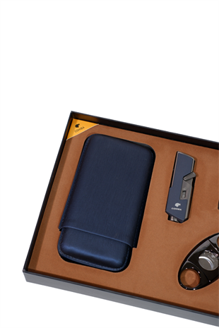 Cohiba Çakmak Kesici Kılıf Sehpa Lacivert-Gunmetal Dörtlü Puro Seti