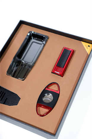 Cohiba Çakmak Kesici Küllük Sehpa Siyah-Kırmızı Dörtlü Puro Seti