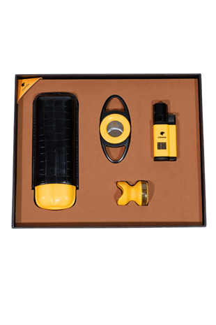 Cohiba Çakmak Kesici Kılıf Sehpa Sarı-Siyah Dörtlü Puro Seti