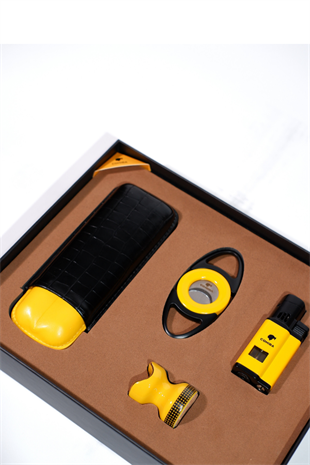 Cohiba Çakmak Kesici Kılıf Sehpa Sarı-Siyah Dörtlü Puro Seti