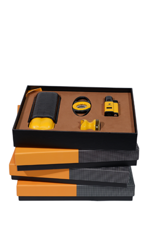 Cohiba Çakmak Kesici Kılıf Sehpa Sarı-Siyah Dörtlü Puro Seti