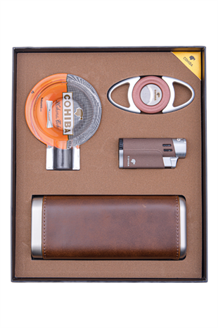 Cohiba Çakmak Kesici Kılıf Küllük Dörtlü Kahverengi Puro Seti