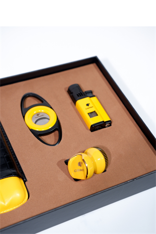 Cohiba Çakmak Kesici Kılıf Sehpa Sarı-Siyah Dörtlü Puro Seti