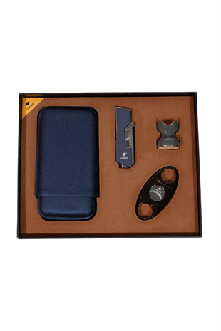 Cohiba Çakmak Kesici Kılıf Sehpa Lacivert-Gunmetal Dörtlü Puro Seti