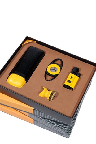 Cohiba Çakmak Kesici Kılıf Sehpa Sarı-Siyah Dörtlü Puro Seti