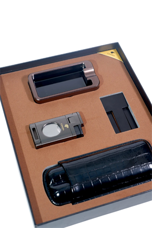 Cohiba Çakmak Küllük Kılıf Sehpa Gunmetal Dörtlü Puro Seti