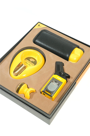 Cohiba Tek Torch Masa Tipi Çakmak Küllük Sehpa Kılıf Sarı Dörtlü Puro Seti