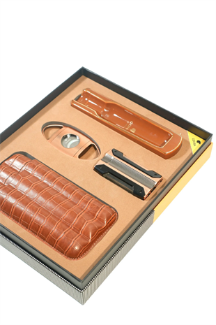 Cohiba Tek Torch Çakmak Kesici Küllük Kılıf Kahverengi Dörtlü Puro Seti