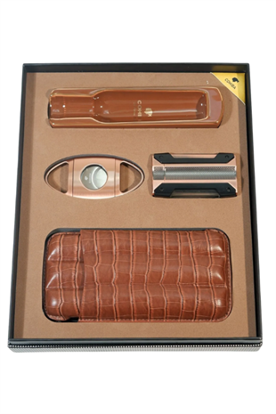 Cohiba Tek Torch Çakmak Kesici Küllük Kılıf Kahverengi Dörtlü Puro Seti
