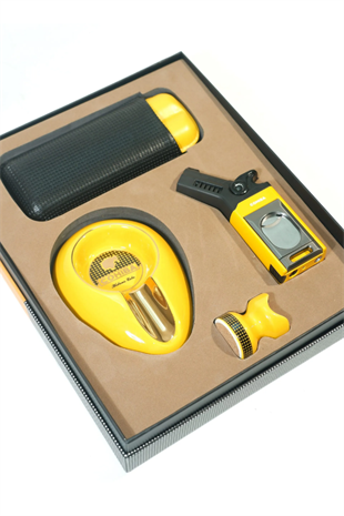 Cohiba Tek Torch Masa Tipi Çakmak Küllük Sehpa Kılıf Sarı Dörtlü Puro Seti