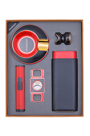 Parmida Çakmak Kesici Kılıf Küllük Beşli Kırmızı Puro Seti