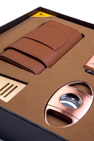 Cohiba Çakmak Kesici Kılıf Sehpa Bronz-Taba Dörtlü Puro Seti