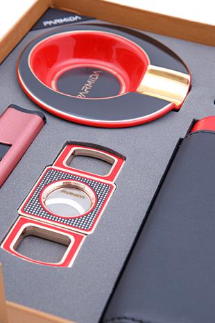 Parmida Çakmak Kesici Kılıf Küllük Beşli Kırmızı Puro Seti