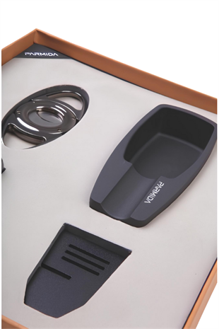 Parmida Çakmak Kesici Küllük Sehpa Dörtlü Siyah-Gunmetal Puro Seti